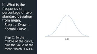 z
z
b. What is the
frequency or
percentage of two
standard deviation
from mean.
6.11
Step 1. Draw a
normal Curve.
Step 2. In the
middle of the curve,
plot the value of the
mean which is 6.11.
 