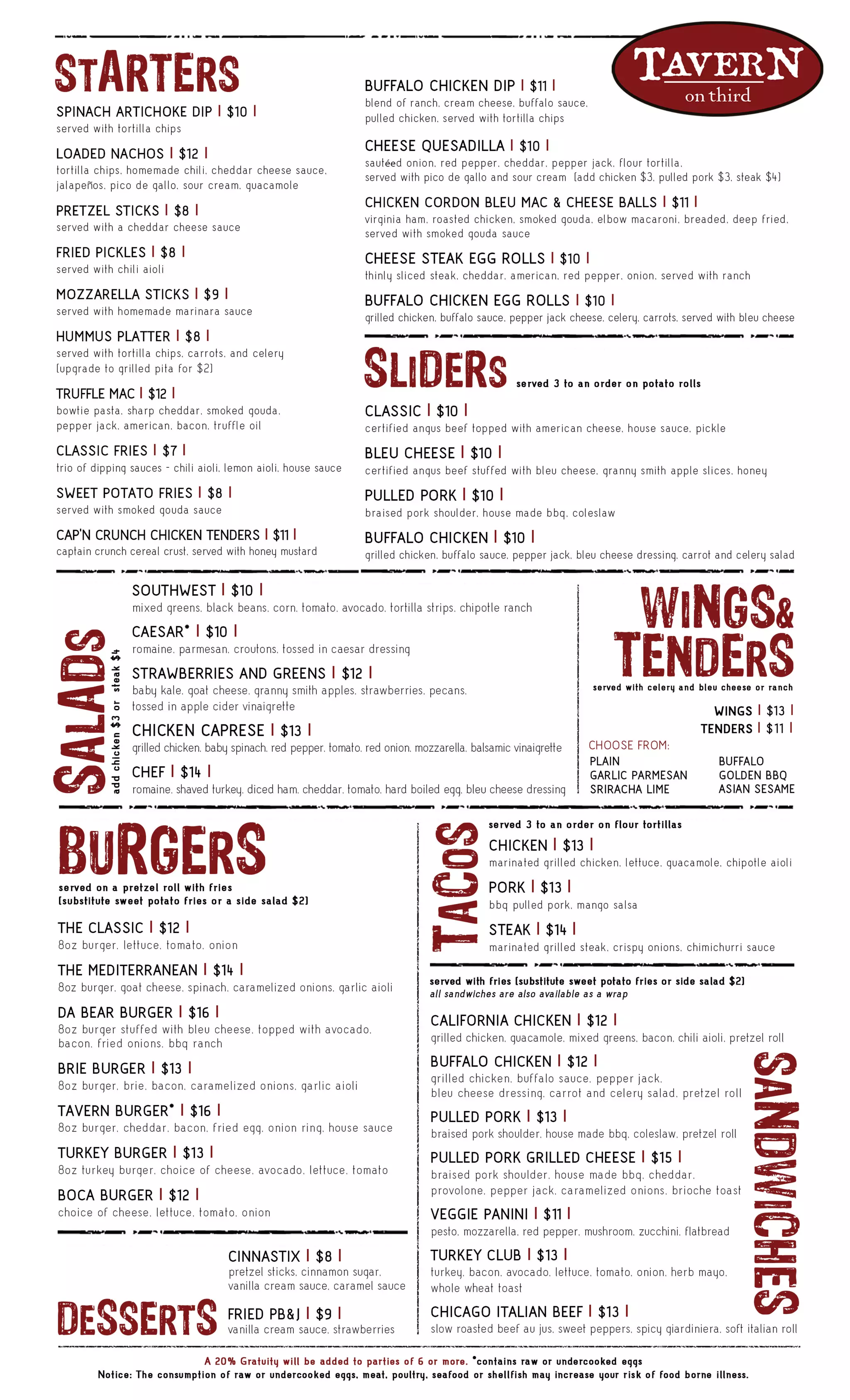 Tavern on Third New Menu 2015