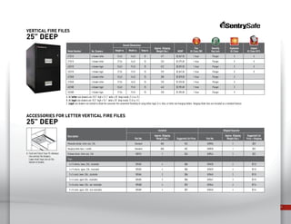 9
VERTICAL FIRE FILES
25” DeeP
A. All letter size drawers are 10.3” high x 12.1” wide x 20” deep inside. (1.4 cu. ft.)
B. All legal size drawers are 10.3” high x 15.1” wide x 20” deep inside. (1.8 cu. ft.)
C. Legal size drawers are slotted to allow the consumer the convenient flexibility of using either legal, A-4, folio, or letter size hanging folders. Hanging folder bars are included as a standard feature.
Model Number No. Drawers
Overall Dimensions
Approx. Shipping
Weight (lbs.) MSRP
Fire
UL Class 350
Security
Key Lock
Explosion
UL Class
Impact
UL Class 30 ft.Height in. Width in. Deep in.
4T2510 4 drawer letter 53.63 16.63 25 471 $3,067.00 1-hour Plunger X X
2T2510 2 drawer letter 27.56 16.63 25 263 $1,975.00 1-hour Plunger X X
4G2510 4 drawer legal 53.63 19.63 25 522 $3,092.00 1-hour Plunger X X
2G2510 2 drawer legal 27.56 19.63 25 293 $2,047.00 1-hour Plunger X X
4T2500 4 drawer letter 53.63 16.63 25 380 $2,878.00 1-hour Plunger X
2T2500 2 drawer letter 27.56 16.63 25 220 $1,936.00 1-hour Plunger X
4G2500 4 drawer legal 53.63 19.63 25 443 $2,955.00 1-hour Plunger X
2G2500 2 drawer legal 27.56 19.63 25 250 $1,955.00 1-hour Plunger X
Accessories for Letter Vertical FIRE FILES
25” DeeP
Description
Installed Shipped Separate
Part No.
Approx. Shipping
Weight (lbs.) Suggested List Price Part No.
Approx. Shipping
Weight (lbs.)
Suggested List
Price + Shipping
Moveable divider, letter size, 1/dr. Standard N/A N/C 508906 2 $20
Hanging folder bars, 1 set/dr. Standard N/A N/C 508938 1 $32
Follower block, letter size, 1/dr. 508942 3 $26 508944 3 $32
Trays
4 x 9 checks, lower, 2/dr., stackable 509602 4 $86 509638 4 $110
4 x 9 checks, upper, 2/dr., stackable 509603 4 $86 509639 4 $110
3 x 5 cards, lower, 3/dr., stackable 509604 3 $86 509640 3 $110
3 x 5 cards, upper 3/dr., stackable 509605 3 $86 509641 3 $110
5 x 8 cards, lower, 2/dr., non-stackable 509608 4 $92 509644 4 $116
5 x 8 cards, upper, 2/dr., non-stackable 509609 4 $92 509645 4 $116
A.	Card and Check Trays fit sideways
	 into vertical file drawers.
	 Lower level trays rest on the
	 bottom of drawer.
 
