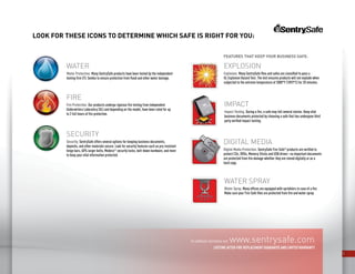 3
Look for these icons to determine which safe is right for you:
For additional information visit: www.sentrysafe.com
LIFETIME AFTER-FIRE REPLACEMENT GUARANTEE and limited warranty
WATER
Water Protection. Many SentrySafe products have been tested by the independent
testing firm ETL Semko to ensure protection from flood and other water damage.
FIRE
Fire Protection. Our products undergo rigorous fire testing from independent
Underwriters Laboratory (UL) and depending on the model, have been rated for up
to 2 full hours of fire protection.
SECURITY
Security. SentrySafe offers several options for keeping business documents,
deposits, and other materials secure. Look for security features such as pry-resistant
hinge bars, 60% larger bolts, Medeco®
security locks, bolt-down hardware, and more
to keep your vital information protected.
EXPLOSION
Explosion. Many SentrySafe files and safes are classified to pass a
UL Explosion Hazard Test. The test ensures products will not explode when
subjected to the extreme temperature of 2000°F (1093°C) for 20 minutes.
Features that keep your business safe:
IMPACT
Impact Testing. During a fire, a safe may fall several stories. Keep vital
business documents protected by choosing a safe that has undergone third
party verified impact testing.
DIGITAL MEDIA
Digital Media Protection. SentrySafe Fire-Safe®
products are verified to
protect CDs, DVDs, Memory Sticks and USB drives—so important documents
are protected from fire damage whether they are stored digitally or as a
hard copy.
WATER SPRAY
Water Spray. Many offices are equipped with sprinklers in case of a fire.
Make sure your Fire-Safe files are protected from fire and water spray.
 