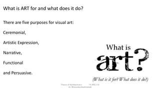 What is ART for and what does it do?
There are five purposes for visual art:
Ceremonial,
Artistic Expression,
Narrative,
Functional
and Persuasive.
Theory of Architecture-I 15 ARC 2.6
Ar. Bhoomika Brahmbhatt
 