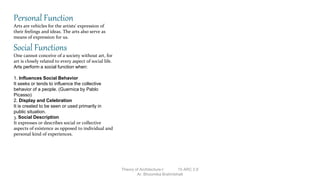 Personal Function
Arts are vehicles for the artists’ expression of
their feelings and ideas. The arts also serve as
means of expression for us.
Social Functions
One cannot conceive of a society without art, for
art is closely related to every aspect of social life.
Arts perform a social function when:
1. Influences Social Behavior
It seeks or tends to influence the collective
behavior of a people. (Guernica by Pablo
Picasso)
2. Display and Celebration
It is created to be seen or used primarily in
public situation.
3. Social Description
It expresses or describes social or collective
aspects of existence as opposed to individual and
personal kind of experiences.
Theory of Architecture-I 15 ARC 2.6
Ar. Bhoomika Brahmbhatt
 