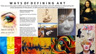 W A Y S O F D E F I N I N G A R T
There are as many ways to define art as there are people in the universe, and each definition is influenced by the
unique perspective of that person, as well as by their own personality and character.
Representation/replicating-
copying or imitating
Any work of art “you can tell what
it is”
Expression- artwork expressing a
definite feeling, as in the sublime
or dramatic. Audience response
was important, for the artwork
was intended to evoke an
emotional response.
Form-Formal qualities became
particularly important when art
became more abstract in the 20th
century, and the principles of art
and design - terms such as
balance, rhythm, harmony, unity -
were used to define and assess art.
Theory of Architecture-I 15 ARC 2.6
Ar. Bhoomika Brahmbhatt
 