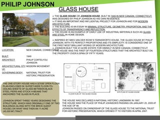 PHILIP JOHNSON

GLASS HOUSE

 THE GLASS HOUSE OR JOHNSON HOUSE, BUILT IN 1949 IN NEW CANAAN, CONNECTICUT,
WAS DESIGNED BY PHILIP JOHNSON AS HIS OWN RESIDENCE.
 IT WAS AN IMPORTANT AND INFLUENTIAL PROJECT FOR JOHNSON AND FOR MODERN
ARCHITECTURE.
 THE BUILDING IS AN ESSAY IN MINIMAL STRUCTURE, GEOMETRY, PROPORTION, AND THE
EFFECTS OF TRANSPARENCY AND REFLECTION.
 THE HOUSE IS AN EXAMPLE OF EARLY USE OF INDUSTRIAL MATERIALS SUCH AS GLASS
AND STEEL IN HOME DESIGN.

LOCATION:
BUILT:
ARCHITECT:

 INSPIRED BY MIES VAN DER ROHE‘S FARNSWORTH HOUSE, THE GLASS HOUSE BY PHILIP
JOHNSON, WITH ITS PERFECT PROPORTIONS AND ITS SIMPLICITY, IS CONSIDERED ONE OF
THE FIRST MOST BRILLIANT WORKS OF MODERN ARCHITECTURE.
 JOHNSON BUILT THE 47-ACRE ESTATE FOR HIMSELF IN NEW CANAAN, CONNECTICUT.
NEW CANAAN, CONNECTICUT HOUSE WAS THE FIRST OF FOURTEEN STRUCTURES THAT THE ARCHITECT BUILT ON
 THE
THE PROPERTY OVER A SPAN OF FIFTY YEARS.
1949
PHILIP CORTELYOU
JOHNSON

ARCHITECTURAL STY MODERN MOVEMENT
LE:
GOVERNING BODY:

NATIONAL TRUST FOR
HISTORIC PRESERVATION

THE ONE-STORY HOUSE HAS A 32′X56′ OPEN FLOOR
PLAN ENCLOSED IN 18-FEET-WIDE FLOOR-TOCEILING SHEETS OF GLASS BETWEEN BLACK
STEEL PIERS AND STOCK H-BEAMS THAT
ANCHORED THE GLASS IN PLACE.
JOHNSON SPENT THREE YEARS DESIGNING THE
STRUCTURE, WHICH WAS ORIGINALLY ONE OF TWO
BUILDINGS (ALONG WITH THE BRICK GUEST
HOUSE) ON WHAT WAS THEN AN 11-ACRE
(45,000 M2) TRACT

SITE PLAN OF GLASS HOUSE
FLOOR PLAN OF THE GLASS HOUSE

THE HOUSE WAS DECLARED A NATIONAL HISTORIC LANDMARK IN 1997.
THE HOUSE WAS THE PLACE OF PHILIP JOHNSON'S PASSING ON JANUARY 25, 2005 AT
THE AGE OF 98.
JOHNSON PASSED ON OWNERSHIP OF THE GLASS HOUSE TO THE NATIONAL TRUST
FOR HISTORIC PRESERVATION, WHICH OPENED IT TO VISITORS IN APRIL 2007.

 