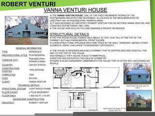 ROBERT VENTURI
VANNA VENTURI HOUSE
 THE VANNA VENTURI HOUSE, ONE OF THE FIRST PROMINENT WORKS OF THE
POSTMODERN ARCHITECTURE MOVEMENT, IS LOCATED IN THE NEIGHBORHOOD OF
CHESTNUT HILL IN PHILADELPHIA, PENNSYLVANIA.
 IT WAS DESIGNED BY ARCHITECT ROBERT VENTURI FOR HIS MOTHER VANNA VENTURI, AND
CONSTRUCTED BETWEEN 1962 -1964.
 THE HOUSE WAS SOLD IN 1973 AND REMAINS A PRIVATE RESIDENCE.

STRUCTURAL DETAILS
THE FIVE ROOM HOUSE STANDS ONLY ABOUT 30 FEET (9 M) TALL AT THE TOP OF THE
CHIMNEY, BUT HAS A MONUMENTAL FRONT FAÇADE.
 A NON-STRUCTURAL APPLIQUE ARCH AND "HOLE IN THE WALL" WINDOWS, AMONG OTHER
ELEMENTS, WERE CHALLENGE TO MODERNIST ORTHODOXY.
GENERAL INFORMATION
TYPE

RESIDENCE

ARCHITECTURAL STYLE POSTMODERN
TOWN OR CITY

PHILADELPHIA,
PENNSYLVANIA

COUNTRY

UNITED STATES

CONSTRUCTION
STARTED

1959 (DESIGN)

COMPLETED

1964

COST

$43,000

CLIENT

 THE HOUSE IS DESIGNED AROUND A CHIMNEY THAT IS CENTRALISED AND GOES ALL THE
WAY TO THE TOP OF THE HOUSE.
EXTERNALLY, THEY HOUSE IS BUILT SYMMETRICAL.
VENTURI HAS DISTORTED THIS IDEA OF SYMMETRY.
THERE IS ALSO A BASEMENT UNDERNEATH THE HOUSE THAT IS OFTEN NOT UNCOVERED BY
PEOPLE.

VANNA VENTURI
TECHNICAL DETAILS

STRUCTURAL SYSTEM

LIGHT WOOD FRAME

FLOOR COUNT

2 PLUS BASEMENT

FLOOR AREA

VIEW FROM THE SIDE (SOUTHEAST)

1,800 SQ FT (170 M2)

FLOOR PLANS OF VENTURI RESIDENCE

DESIGN AND CONSTRUCTION
ARCHITECT

ROBERT VENTURI
VIEW FROM THE REAR OF THE
HOUSE (SOUTH)

 
