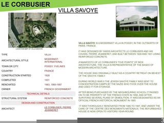 LE CORBUSIER
VILLA SAVOYE

VILLA SAVOYE IS A MODERNIST VILLA IN POISSY, IN THE OUTSKIRTS OF
PARIS, FRANCE.
LOCATION MAP OF VILLA SAVOYE

TYPE

VILLA

ARCHITECTURAL STYLE

MODERNIST,
INTERNATIONAL

TOWN OR CITY

POISSY, YVELINES

COUNTRY

IT WAS DESIGNED BY SWISS ARCHITECTS LE CORBUSIER AND HIS
COUSIN, PIERRE JEANNERET, AND BUILT BETWEEN 1928 AND 1931 USING
REINFORCED CONCRETE.

FRANCE

CONSTRUCTION STARTED

1928

COMPLETED

1931

RENOVATED

1963, 1985-1997

OWNER

A MANIFESTO OF LE CORBUSIER'S "FIVE POINTS" OF NEW
ARCHITECTURE, THE VILLA IS REPRESENTATIVE OF THE BASES OF
MODERN ARCHITECTURE.
THE HOUSE WAS ORIGINALLY BUILT AS A COUNTRY RETREAT ON BEHEST
OF THE SAVOYE FAMILY.

FRENCH GOVERNMENT
TECHNICAL DETAILS

STRUCTURAL SYSTEM

REINFORCED CONCRETE

DURING WORLD WAR II THE JEWISH SAVOYE FAMILY WAS SENT TO
CONCENTRATION CAMPS BY THE NAZIS WHO TOOK OVER THE HOUSE
AND USED IT FOR STORAGE.
AFTER BEING PURCHASED BY THE NEIGHBOURING SCHOOL IT PASSED
ON TO BE PROPERTY OF THE FRENCH STATE IN 1958, AND AFTER
SURVIVING SEVERAL PLANS OF DEMOLITION, IT WAS DESIGNATED AS AN
OFFICIAL FRENCH HISTORICAL MONUMENT IN 1965

DESIGN AND CONSTRUCTION
ARCHITECT

LE CORBUSIER, PIERRE
JEANNERET

IT WAS THOROUGHLY RENOVATED FROM 1985 TO 1997, AND UNDER THE
CARE OF THE CENTRE DES MONUMENTS NATIONAUX, THE REFURBISHED
HOUSE IS NOW OPEN TO VISITORS YEAR-ROUND.

3

 