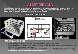 Villa Stein-de Monzie is a building of isolated space and surrounded by gardens, with the
servants quarters located next to the iron access gate. Like the Villa Savoye, it features
open spaces formed by the various terraces and levels.
GROUND FLOOR PLAN
• The ground floor was mainly for the servants that lived in the house.
• The ground floor has two main entrances-one for the servants which is enclosed and the
other for the guests and a garage.
• The enclosed stairs would enable the servants to be separated from the main building.
• The servants would use the smaller door to the left
- CIRCULATION SPACE
SERVANTS
 