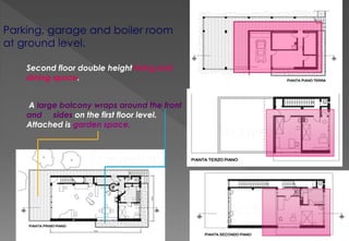 Parking, garage and boiler room
at ground level.
Second floor double height living and
dining space.
A large balcony wraps around the front
and sides on the first floor level.
Attached is garden space.
 