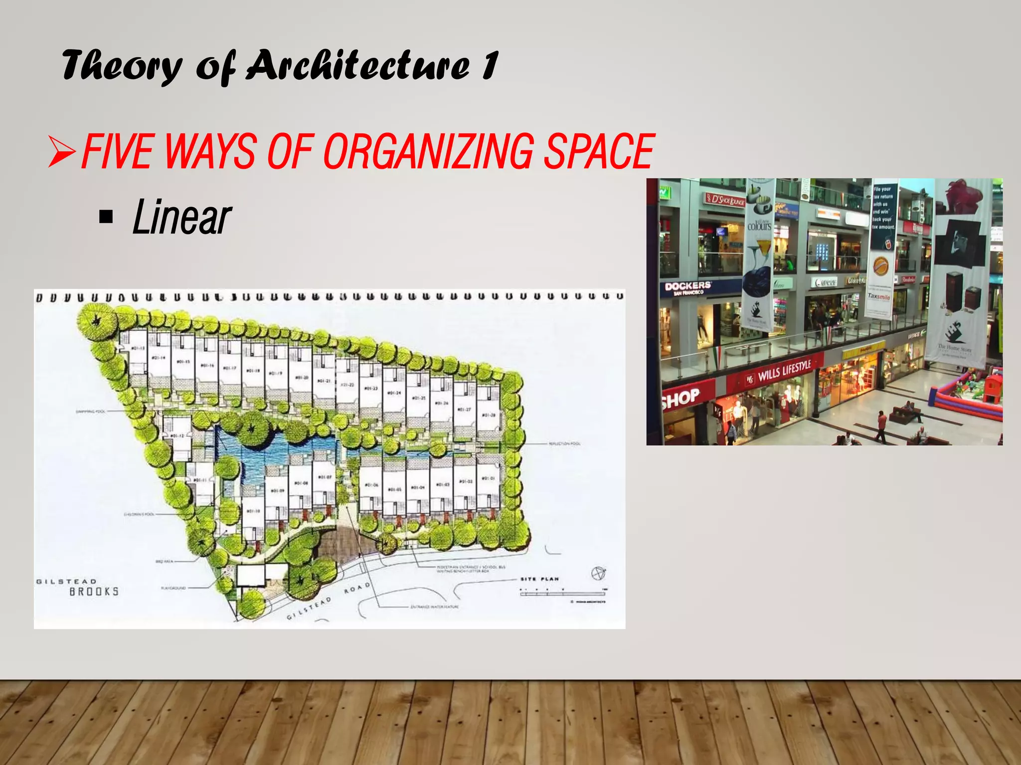 Theory of Architecture 1
➢FIVE WAYS OF ORGANIZING SPACE
▪ Linear
 