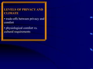 LEVELS OF PRIVACY AND
CLIMATE
• trade-offs between privacy and
comfort
• physiological comfort vs.
cultural requirements
 