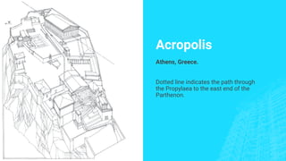Acropolis
Athens, Greece.
Dotted line indicates the path through
the Propylaea to the east end of the
Parthenon.
 