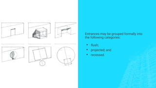 Entrances may be grouped formally into
the following categories:
▪ flush;
▪ projected; and
▪ recessed.
 