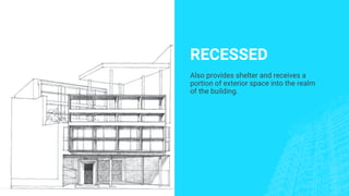 RECESSED
Also provides shelter and receives a
portion of exterior space into the realm
of the building.
 