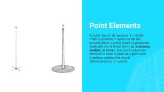 Point Elements
A point has no dimension. To visibly
mark a position in space or on the
ground plane, a point must be projected
vertically into a linear form, as a column,
obelisk, or tower. Any such columnar
element is seen in plan as a point and
therefore retains the visual
characteristics of a point.
 
