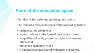 Form of the circulation space
Corridors, halls, galleries, stairways, and rooms.
The form of a circulation space varies according to how:
▪ its boundaries are defined;
▪ its form relates to the form of the spaces it links;
▪ its qualities of scale, proportion, light, and view are
articulated;
▪ entrances open onto it; and
▪ it handles changes in level with stairs and ramps.
 