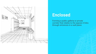 Enclosed
Forming a public galleria or private
corridor that relates to the spaces it links
through entrances in a wall plane.
 