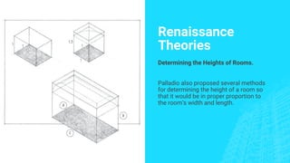 Renaissance
Theories
Determining the Heights of Rooms.
Palladio also proposed several methods
for determining the height of a room so
that it would be in proper proportion to
the room’s width and length.
 