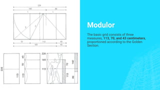Modulor
The basic grid consists of three
measures, 113, 70, and 43 centimeters,
proportioned according to the Golden
Section.
 