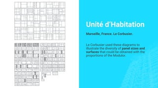 Unité d’Habitation
Marseille, France. Le Corbusier.
Le Corbusier used these diagrams to
illustrate the diversity of panel sizes and
surfaces that could be obtained with the
proportions of the Modulor.
 