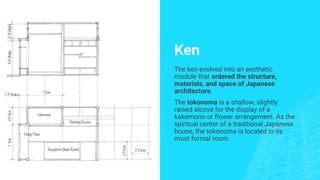 Ken
The ken evolved into an aesthetic
module that ordered the structure,
materials, and space of Japanese
architecture.
The tokonoma is a shallow, slightly
raised alcove for the display of a
kakemono or flower arrangement. As the
spiritual center of a traditional Japanese
house, the tokonoma is located in its
most formal room.
 