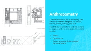Anthropometry
The dimensions of the human body also
affect the volume of space we require
for movement, activity, and rest.
The fit between the form and dimensions
of a space and our own body dimensions
can be:
▪ Static;
▪ Dynamic; or
▪ Based on social distances and
personal space.
 