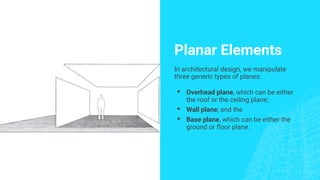 Planar Elements
In architectural design, we manipulate
three generic types of planes:
▪ Overhead plane, which can be either
the roof or the ceiling plane;
▪ Wall plane; and the
▪ Base plane, which can be either the
ground or floor plane.
 
