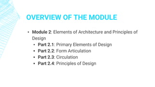 OVERVIEW OF THE MODULE
▪ Module 2: Elements of Architecture and Principles of
Design
▪ Part 2.1: Primary Elements of Design
▪ Part 2.2: Form Articulation
▪ Part 2.3: Circulation
▪ Part 2.4: Principles of Design
 