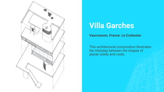 Villa Garches
Vaucresson, France. Le Corbusier.
This architectural composition illustrates
the interplay between the shapes of
planar solids and voids.
 