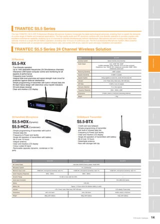 MixersAmplifiers
TOA Audio Catalogue 14
MicrophonesWirelessSystemsBeamSteeringMicrophoneDigitalMessageRepeatersMixersAmplifiersSpeakersConferenceSystemsMegaphonesProfessionalAudioSecurity&SafetyTechnicalColumn
TOA Audio Catalogue
The new TRANTEC S5.5 UHF Professional Wireless Microphone Systems incorporate the latest technological advances, enabling them to satisfy the demands
of a wide range of theatre and broadcast applications. The high quality audio and RF dynamics combine with true diversity operation to provide a system with
excellent multichannel capability, enabling up to 24 channels to operate simultaneously without interference. Microphone size and running costs have been
reduced, thanks to a single AA cell battery operation, providing over 10 hours of continuous use. The S5.5 professional Microphone System offers powerful
features combined with an exceptional cost/performance ratio, and comes with all you need for quick and easy installation and operation.
TRANTEC S5.5 Series
TRANTEC S5.5 Series 24 Channel Wireless Solution
S5.5-RX
Receiver>>>
• True diversity operation
• Up to 1400 selectable frequencies (24 Simultaneous channels)
• Interactive USB based computer control and monitoring for all
aspects of performance
• Frequency scan function
• Integral triple tone grip/noise and signal strength mute circuit for
protection against external interference
• Simple programming of transmitter with built-in infrared data link
• All black fascia design with distinctive colour backlit indicators
• EQ and phase reversal
• Clear and intuitive LCD display
Model S5.5-RX
Diversity System Space Diversity (true diversity)
Audio Output Line: -22dB*/ Mic: 62dB*
Line/Mic selectable, 600Ω, balanced, XLR-3-32 type connector.
Headphone: max. 100mW 16Ω, unbalanced, phone jack -28dB*, 600Ω,
unbalanced, phone jack
Receiving Sensitivity 0dBV variable
Squelch Sensitivity 6-36dB V variable
Squelch System Using together of noise SQ, carrier SQ and tone SQ
Indicator LCD, Power lamp, Mute lamp, ANT A/B lamp
S/N Ratio 110dB or more (A-weight)
Harmonic Distortion 1% or less (typical)
Frequency Response 50Hz - 20kHz, ±3dB
Dimensions 210(W) x 46(H) x 210(D)mm (excluding antenna)
Weight 1.3kg
S5.5-HDX
S5.5-HCX
Handheld Microphone>>>
• Simple programming of transmitter with built-in
Infrared data link
• Frequency & Power lock facility
• Single AA operation of transmitters with battery
life of over 10 hours
• Integral antenna
• Clear and intuitive LCD display
• Colour coded ID band
• Removable capsules (dynamic, condenser or 3rd
party
(Dynamic)
(Condenser)
S5.5-BTX
Beltpack Transmitter>>>
• Credit card size beltpack
• Simple programming of transmitter
with built-in Infrared data link
• Frequency & Power lock facility
• Clear and intuitive LCD display
• Single AA operation of transmitters with battery
life of over 10 hours
• Detachable antenna
• Now with stronger belt clip
Model S5.5-HDX S5.5-HCX S5.5-BTX
RF Carrier Power Less than 50mW (Factory preset 10mW ERP)
Modulation System PLL synthesized
Maximum Input Level 146dB SPL (microphone sensitivity: Gain “0”) 142dB SPL (microphone sensitivity: Gain “0”) 120dB SPL (microphone sensitivity: Gain “0”)
Audio Frequency Response 60Hz - 20kHz 90Hz - 20kHz —
Dynamic Range 110 dB or more (with S5.5-RX) —
Audio Input Connector - TA-4 (Mini-XLR 4pins)
Battery LR6 (AA)
Battery Life Approx. 10 hours (when the alkaline battery is used)
Indicator LCD, Power Lamp, Mute lamp, ANT A/B lamp LCD display, Power lamp
Dimensions ø50 x 247.9mm ø50 x 232.9mm 55(W) x 80(H) x 22(D)mm
Weight 380g (with battery) 300g (with battery) 140g (with battery)
 