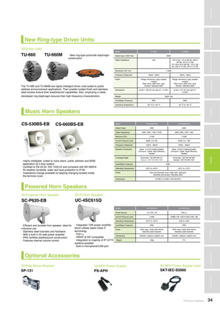 Amplifiers
TOA Audio Catalogue 34
MicrophonesWirelessSystemsBeamSteeringMicrophoneDigitalMessageRepeatersMixersAmplifiersSpeakersConferenceSystemsMegaphonesProfessionalAudioSecurity&SafetyTechnicalColumn
Powered Horn Speakers
Music Horn Speakers
Optional Accessories
Pole Mount Bracket APH Power Supply APH Power Supply Lead>>> >>> >>>
CS-530BS-EB CS-660BS-EB
SP-131 PS-APH SKT-IEC-S5000
• Efficient and durable horn speaker, ideal for
industrial use
• Stainless steel brackets and hardware
• With a built in 20 watt power amplifier
• IP65 certified weatherproof construction
• Features internal volume control
Model CS-530BS-EB CS-660BS-EB
Rated Power 30W 60W
Rated Impedance 30W, 15W, 7.5W, 3.75W 60W, 30W, 15W, 7.5W
Maximum SPL 111dB 115dB
Sound Pressure Level 96dB (1m,1W) 97dB (1m, 1W)
Frequency Response 120Hz - 20kHz 100Hz - 20kHz
Speaker Component Bass: 12.7cm Coating Rubber
Surround, Treble: High Efficiency
Tweeter
Bass: 16.5cm Coating Rubber
Surround, Treble: High Efficiency
Tweeter
Coverage Angle Horizontal: 140°/60°/90°/90°
Vertical: 180°/100°/95°/140°
Horizontal: 105°/50°/80°/80°
Vertical: 140°/70°/90°/150°
Dust/Water Protection IP66
Operating Temperature -20°C to +55°C -25°C to +70°C
Finish Horn and terminal cover: ABS resin, light grey
Brackets and screws: Stainless steel
Dimensions 315(W) x 215(W) x 355.5(D)mm
• Highly intelligible: suited to voice alarm, public address and BGM
application by 2-way system.
• Certified to EN 54-24, ISO 7240-24 and compliant with BS 5839-8.
• All weather durability, water and dust protection to IP 66.
• Impedance change available by tapping changing located inside
the terminal cover.
Driver Units>>>
TU-660 TU-660M
The TU-660 and TU-660M are highly intelligent driver units suited to public
address announcement applications. Their powder-coated finish and stainless
steel screws ensure their weatherproof capabilities. Also, employing a newly
developed ring diaphragm ensures their high frequency characteristics.
Model TU-660 TU-660M
Rated Input (100V line) 60W
Rated Impedance 16Ω 100 V line: 170 Ω (60 W), 330 Ω
(30 W), 670 Ω (15 W)
70 V line: 83 Ω (60 W), 170 Ω (30
W), 330 Ω (15 W), 670 Ω (7.5 W)
Sensitivity (1W, 1m) 110dB
Frequency Response 150Hz – 8kHz 150Hz – 8kHz
Finish Flange: Aluminum, gray, powder
coating
Rear cover: ABS resin, gray
Screws: Stainless steel
Flange: Aluminum, gray, powder
coating
Rear cover: ABS resin, gray
Screws: Stainless steel
Dimensions φ139 × 109 (D) mm (φ5.47” × 4.29”) φ139 × 151 (D) mm (φ5.47”
× 5.94”)
Weight 2kg/2.7kg
Dust/Water Protection IP65 IP65
Operating Temperature -20 ℃ to +55 ℃ -20 ℃ to +55 ℃
• New ring-type polyimide diaphragm
construction
New Ring-type Driver Units
Powered Horn Speaker>>>
SC-P620-EB UC-4SC615Q
Model SC-P620-EB UC-4SC615Q
Power Source 12 V DC, 2A PoE++
Sound Pressure Level 113dB 109dB (1W, 1W)/121dB (15W, 1M)
Operating Temperature -20°C to +55°C -20C to +55C
Dust/Water Protection IP65 IP65
Finish HIPS resin, white (RAL 9010)
Stainless steel brackets
HIPS resin, white (RAL 9010)
Stainless steel brackets
Dimensions 292(W) x 230(H) x 280(D) mm 222(W) x 208(H) x 285(D) mm
Weight 1.8kg TBC
• Integrated 15W power amplifier
which utilises latest Class D
technology
• PoE++
• ONVIF & SIP compatible
• Integration to majority of IP CCTV
systems possible
• Built in microphone/USB port
IP Horn Speaker>>>
 