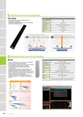 TOA Audio Catalogue41
MicrophonesWirelessSystemsBeamSteeringMicrophoneDigitalMessageRepeatersMixersAmplifiersSpeakersConferenceSystemsMegaphonesProfessionalAudioSecurity&SafetyTechnicalColumn
Steerable Active Line Array Speaker
• A total of 16 speakers (in up to 4 stacks) can be controlled
as a single unit via GUI-operated software
• The GUI software provides control of all functions, including
mixing, digital signal processing and simulations
• The speaker comes with a wealth of DSP functions,
and a notch filter
• Equipped with two analog audio input terminals and four
digital audio input terminals for CobraNet connection,
the speaker supports 6 x 2 matrix mixing. Using the Auto-mix
function - which can be set for each input - enables users to
prioritize selected inputs for broadcasting.
• Coverage: Horizontal -90°, Vertical Beam Width - 45°,
Vertical Beam Angle - ±45° (Adjustable via dedicated GUI
software)
SR-D8 Model SR-D8
Power Source 220 - 240V AC, 50/60Hz
Power Consumption 320W (rated output), 72W (based on EN standards)
Frequency Response 140Hz - 20kHz
S/N Ratio 90dB or more (A-weighted)
Amplification System Class D, 8 channels
Output 30W, 1 channel (1% THD+N)
Max SPL Max. 93dB SPL (A-weighted, pink noise, 30m)
Finish Enclosure: MDF, white, paint Front grille: Punched steel plate, white, acrylic
paint
Dimensions 160(W) x 895(H) x 255(D)mm
Weight 2kg
Accessories Power supply cord (2m) x 1, Removable terminal plug (3 pins) x 2 Removable
terminal plug (2 pins) x 2 Ferrite clamp x 1 CD-ROM (setting software) x 1
Long Range Horn Array Speaker
HA-1010Q
• Long-range sound coverage two times further than
conventional horn speakers
• Better speech intelligibility thanks to horn array technology
• Compact and lightweight design
Model HA-1010
Power Handling Capacity 60W
SPL (1W, 1m) 114dB
Frequency Response 350Hz - 7kHz
Directivity Angle Horizontal: 90° (2kHz) Vertical: 15° (2kHz)
Speaker Unit Horn speakers unit x 8
Water Protection IP66
Dimensions 167 x 1233 x 140.5mm
Weight 13.5kg
rs (in up
ed as a
ware.
trol of all
al signal
enables
led with
nication
he time
ms and
ce. Users
he results
gs.
wealth of
n, mute,
m i x i n g ,
shelving
dio input
io input
tion, the
mixing.
hich can
users to
dcasting.
preset to
Vertical beam width is adjustable by increments
of 1° within a range of 45°, while the vertical
beam steering angle is adjustable from -45° to
+45° in increments of 1°.
When targeting two separate areas at the same
time, sufﬁcient coverage can be achieved by
split ting the beam into t w o directions and
adjusting the width and vertical angle of each
beam. Such beam splitting is especially effective
when simultaneously covering both ﬂoor and
balcony seating.
By calculating the various parameters of steering
set tings from parameters such as speaker
setting and audience setting, users can make the
system automatically set the angle and width of
the beam so tha t it goes precisely in the
direction of the set audience location.
Active Line Array Speaker
Wall
Variable beam angle -45°to +45° Variable beam width 0°to +45°
FloorCenter of sound beam Width of sound beam
Wall
Scene B
Floor
ndFloor2
ndFloor2
Wall
Floor
Scene A
Connection Image
Network
SR-D8-MSR-D8-S
SR-D8-MSR-D8-S
SR-D8-MS
SR-D8-MS
ninnovativespeakerninnovativespeaker
Unique GUI software for designing
a perfect matching acoustic field
A djus ting mixing and DSP par ame t er s e t tings , running
simulations, and communicating—all can be done through
the same GUI interface. The highly intuitive GUI enables quick
and easy adjustment of settings, with a simulated graph of
the sound pressure distribution providing a visual check of
coverage areas according to the settings.
The simulation function—along with the exceptionally high
communication speeds—allows users to immediately see and
hear the results of changing the parameter settings.
GGGGUIControlSoftwareUIControlSoftwareUIControlSoftwareUIControlSoftware
Mixer View
Main screen of the GUI control software
Selecting a stack or a
Operation
ViewSystem Tree
View
 