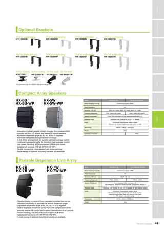 Amplifiers
TOA Audio Catalogue 44
MicrophonesWirelessSystemsBeamSteeringMicrophoneDigitalMessageRepeatersMixersAmplifiersSpeakersConferenceSystemsMegaphonesProfessionalAudioSecurity&SafetyTechnicalColumn
Compact Array Speakers
Variable Dispersion Line Array
HX-5B
HX-7B
HX-5W
HX-7W
HX-5B-WP
HX-7B-WP
HX-5W-WP
HX-7W-WP
• Innovative modular speaker design includes four preassembled
modules with four LF drivers and twelve HF dome tweeters
• Adjustable dispersion angle to 60, 45, 30 or 15 degrees
• Improved intelligibility through tailored coverage
• In-line driver arrangement for superior vertical coverage control
• Contoured waveguide-baffle for distortion-free coverage control
• High power handling: 600W continuous (200W pink noise)
• Splashproof versions (HX-5B-WP/HX-5W-WP)
• Parallel connectors - dual speakon and screw terminal
• A wide variety of optional mounting brackets are available
• Speaker design consists of four integrated modules that can be
adjusted individually to optimise the vertical dispersion angle
• Adjustable dispersion angle to 60, 45, 30, 15 or 0 degrees
• Built-in isophasic wavefront control horn with compression driver
ensures precise HF control and superior reproduction of HF sounds
• Power handling: 750 W Continuous Program at 8 ohms
• Splashproof versions (HX-7B-WP/HX-7W-WP)
• A wide variety of optional mounting brackets are available
Model HX-5B/HX-5W HX-5B-WP/HX-5W-WP
Power Handling Capacity Continuous program: 600W
Rated Impedance 8Ω
Sensitivity (1W,1m) 96dB (60° mode), 98dB (30° mode), 99dB (15° mode)
Frequency Response 70Hz - 20kHz (60° mode) 95Hz - 20kHz (60° mode)
Speaker Component Low: 12cm cone-type x 4 High: Balanced dome-type x 12
Directivity Angle Horizontal: 100° Vertical: 60°,45°,30°,15° variable
Finish Enclosure: Polypropylene, black or white
Punched net: Surface treated steel plate, black or white
Dimensions 408(W) x 546(H) x 342(D)mm
Weight 16kg
Dust/Water Protection — IPX4
Model HX-7B/HX-7W HX-7B-WP/HX-7W-WP
Power Handling Capacity Continuous program: 750W
Rated Impedance 8Ω
Sensitivity (1W,1m) 100dB (1W, 1m)
Frequency Response 75Hz - 20kHz 105Hz - 20kHz
Speaker Component Low frequency: 13cm cone-type x 8
High frequency: Wave front control horn with compression driver x 4
Directivity Angle Horizontal: 100° Vertical: 45°,30°,15°, 0° variable, 60° with optional bracket
Finish Enclosure: Polypropylene, black or white,
Punched net: Surface treated steel plate, black or white,
Hanging bracket: Steel plate, t3.0, black or white, paint
WP version: rust proof coating
Dimensions 497(W) x 664(H) x 274(D)mm
Weight 30kg
Optional Brackets
For wall/ceiling For wall/ceiling
For wall/ceiling
For ceiling
For wall/ceiling
For wall/ceiling
For wall
For wall/ceiling
For wall/ceiling
For wall
For wall/ceiling
For ceiling
>>> >>>
>>>
>>>
>>>
>>>
>>>
>>>
>>>
>>>
>>>
>>>
HY-1200HB HY-1200HW
HY-1500HW
HY-C0801W*
HY-1200VB
HY-1500VB
HY-W0801*
HY-1200VW
HY-1500VW
HY-W0801W*
HY-1500HB
HY-CO801*
*In combination with HY-1200/HY-1500 series brackets
 