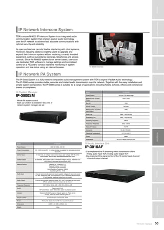 TOA Audio Catalogue 50
MicrophonesWirelessSystemsBeamSteeringMicrophoneDigitalMessageRepeatersMixersAmplifiersSpeakersConferenceSystemsMegaphonesProfessionalAudioSecurity&SafetyTechnicalColumn
IP Network PA System
IP Network Intercom System
N-8000 Series
TOA’s unique N-8000 IP Intercom System is an integrated audio
communication system that employs packet audio technology
over the IP network to achieve fast, accurate communications with
optimal security and reliability.
Its open architecture permits flexible interfacing with other systems,
moreover, reducing costs by enabling users to upgrade and
expand their intercom system without replacing currently installed
equipment, such as surveillance cameras, telephones and access
controls. Since the N-8000 system is not server based, users can
use dedicated TOA software to manage settings and centralised
control on a PC and to conduct real time monitoring of system
operation and line status using an internet browser.
The IP-3000 System is a fully network compatible audio management system with TOA’s original ‘Packet Audio’ technology.
The IP-3000 series provides stable, accurate and instant audio transmission over the network. Together with the easy installation and
simple system composition, the IP-3000 series is suitable for a range of applications including hotels, schools, offices and commercial
towers or complexes.
System Manager>>>
IP-3000SM
• Whole PA system control
• Back up function is available if two units of
network system manager are set
Model IP-3000SM
Power Source 100-240 V AV wide range
Maximum No. of Input/
Output
1024 x 1024
Bus No. 1024
Priority Control 300 step
Maximum No. of Control
Input/Output
4096
Event Log Max. 1 000 000 log
Emergency Log Max. 1 000 000 log
Sampling Frequency 48kHz
Frequency Response 20Hz - 20kHz
Network Protocol TCP/IP
Connector RJ-45:2 RS-232:1
Operating Temperature -10°C to +50°C
Colour Black
Dimensions 427(D) x 366(W) x 89.2(H) mm
Audio Interface Unit>>>
IP-3010AF
• Can implement the IP streaming media transmission of the
Analog audio input 4CH, Analog audio output 4CH
• Can implement the signal control of the 16 control input channel/
16 control output channel
Model IP-3010AF
Power Source 220V AC 50Hz, 24V DC
Power Consumption AC: 0.22A or less DC: 1A or less (energy is supplied for removable terminal
block 2P)
Control Input 16 channels, no voltage make contact input, open voltage: 24V DC, short
circuit current, 5mA or less, removable terminal block (20P)
Control Output 16 channels, relay contact output, withstand voltage: 24V DC, maximum cur-
rent: 500mA, removable terminal block (32P)
Network Section Network I/F: 100BASE-T x1
Network Protocol: TCP, UDP
Connector: RJ45 connector
Voice Sampling Frequency: 48kHz
Quantifying Bit No.: 16 bit
Audio Input 4 channel electronically-balanced input, supplier voltage with phantom power:
17V, MIC -60dB/ line 0dB, input impedance 2.2kΩ, removable terminal block
3P x4, (adopter, balanced output can be chosen)
Audio Output Channel electronically-balanced output, 0B, 10kΩ, removable terminal block
(3Px4), (adopter, balanced output can be chosen)
Frequency Response MIC 100Hz-16kHz±3dB, LINE 20Hz-20kHz±3dB
Switch Reset switch front
DIP switch Back: switch MIC/LINE, switch on phantom power
Indicator Network LNK/ACT: green x1, Signal: green x4, Peak: red x4
Output: green x4, Power indicator green x1
Volume Control 4 channel input volume knob, black
Finish Steel plate, black (munsell N1.0 or equivalent colour)
Dimensions 420(D) x 44.3(W) x 360(H) mm
Weight 4.3kg
 
