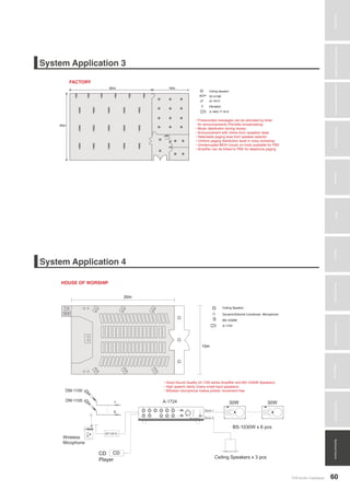 Amplifiers
TOA Audio Catalogue 60
MicrophonesWirelessSystemsBeamSteeringMicrophoneDigitalMessageRepeatersMixersAmplifiersSpeakersConferenceSystemsMegaphonesProfessionalAudioSecurity&SafetyTechnicalColumn
System Application 3
System Application 4
FACTORY
HOUSE OF WORSHIP
• Prerecorded messages can be activated by timer
for announcements (Periodic broadcasting)
• Music distribution during recess
• Announcement with chime from reception desk
• Selectable paging area from speaker selector
• Uniform paging distribution level in noisy workshop
• Uninterrupted MOH (music on hold) available for PBX
• Amplifier can be linked to PBX for telephone paging
• Good Sound Quality (A-1700 series Amplifier and BS-1030W Speakers)
• High speech clarity (many small input speakers)
• Wireless microphone makes priests’ movement free
CD
Player
4012
 