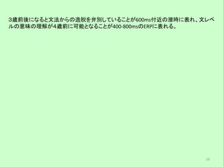 ３歳前後になると文法からの逸脱を弁別していることが600ms付近の潜時に表れ、文レベ
ルの意味の理解が４歳前に可能となることが400-800msのERPに表れる。
19
 