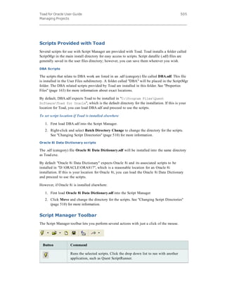 Toad for Oracle User Guide
Managing Projects
505
Scripts Provided with Toad
Several scripts for use with Script Manager are provided with Toad. Toad installs a folder called
ScriptMgr in the main install directory for easy access to scripts. Script datafile (.sdf) files are
generally saved in the user files directory; however, you can save them wherever you wish.
DBA Scripts
The scripts that relate to DBA work are listed in an .sdf (category) file called DBA.sdf. This file
is installed in the User Files subdirectory. A folder called "DBA" will be placed in the ScriptMgr
folder. The DBA related scripts provided by Toad are installed in this folder. See "Properties
Files" (page 163) for more information about exact locations.
By default, DBA.sdf expects Toad to be installed in "C:Program FilesQuest
SoftwareToad for Oracle", which is the default directory for the installation. If this is your
location for Toad, you can load DBA.sdf and proceed to use the scripts.
To set script location if Toad is installed elsewhere
1. First load DBA.sdf into the Script Manager.
2. Right-click and select Batch Directory Change to change the directory for the scripts.
See "Changing Script Directories" (page 510) for more information.
Oracle 8i Data Dictionary scripts
The .sdf (category) file Oracle 8i Data Dictionary.sdf will be installed into the same directory
as Toad.exe.
By default "Oracle 8i Data Dictionary" expects Oracle 8i and its associated scripts to be
installed in "D:ORACLEORA817", which is a reasonable location for an Oracle 8i
installation. If this is your location for Oracle 8i, you can load the Oracle 8i Data Dictionary
and proceed to use the scripts.
However, if Oracle 8i is installed elsewhere:
1. First load Oracle 8i Data Dictionary.sdf into the Script Manager
2. Click Move and change the directory for the scripts. See "Changing Script Directories"
(page 510) for more information.
Script Manager Toolbar
The Script Manager toolbar lets you perform several actions with just a click of the mouse.
Button Command
Runs the selected scripts. Click the drop down list to run with another
application, such as Quest ScriptRunner.
 