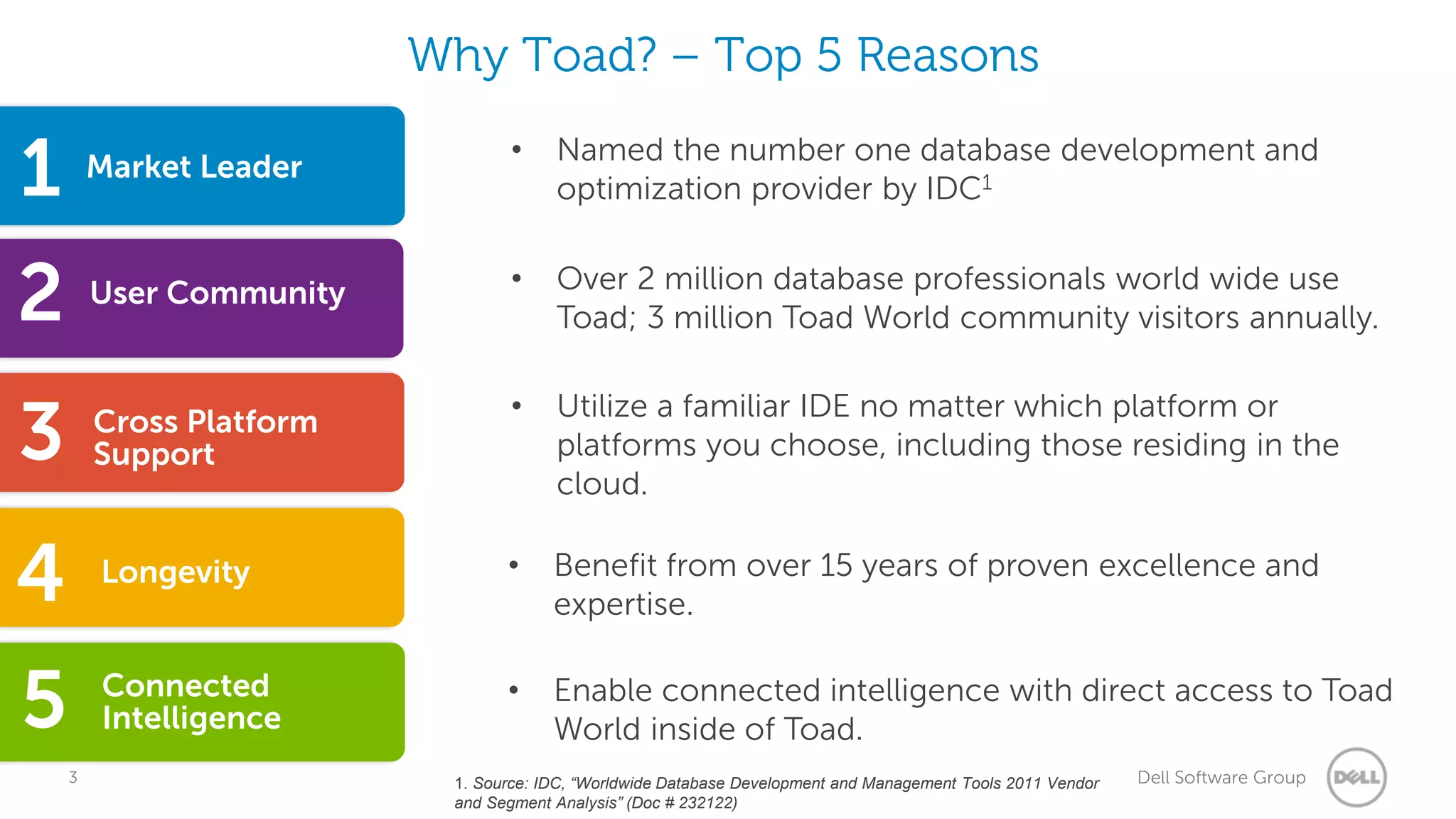 Why Toad? – Top 5 Reasons

1

Market Leader

•

Named the number one database development and
optimization provider by IDC1

2

User Community

•

Over 2 million database professionals world wide use
Toad; 3 million Toad World community visitors annually.

3

Cross Platform
Support

•

Utilize a familiar IDE no matter which platform or
platforms you choose, including those residing in the
cloud.

4

Longevity

•

Benefit from over 15 years of proven excellence and
expertise.

5

Connected
Intelligence

•

Enable connected intelligence with direct access to Toad
World inside of Toad.

3

1. Source: IDC, “Worldwide Database Development and Management Tools 2011 Vendor
and Segment Analysis” (Doc # 232122)

Dell Software Group

 