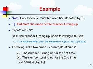 Example
◼ Note: Population is modeled as a RV, denoted by X.
◼ Eg: Estimate the mean of the number turning up
◼ Population RV:
X = The number turning up when throwing a fair die
(X = The value obtained when we measure an object in the population)
◼ Throwing a die two times → a sample of size 2:
X1: The number turning up for the 1st time
X2: The number turning up for the 2nd time
→ A sample (X1, X2)
4
 