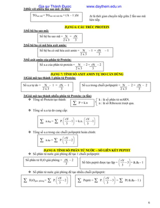 6
2)Đối với nhiều lần sao mã: (k lần)
Δt là thời gian chuyển tiếp giữa 2 lần sao mã
liên tiếp.
DẠNG 6: CẤU TRÚC PROTEIN
1)...