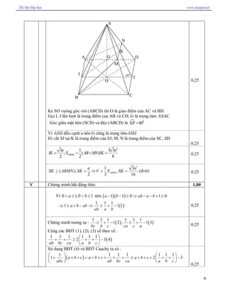 6 
Kẻ SO vuông góc với (ABCD) thì O là giao điểm của AC và BD. 
Gọi I, J lần lượt là trung điểm của AB và CD; G là trọng tâm DSAC 
Góc giữa mặt bên (SCD) và đáy (ABCD) là  ¶  0 
60 SJI = 
0,25 
Vì DSIJ đều cạnh a nên G cũng là trọng tâmDSIJ 
IG cắt SJ tại K là trung điểm của SJ; M, N là trung điểm của SC, SD 
0,25 
2 
3 1 3 3 
; ( ) 
2 2 8 
ABMN 
a a 
IK S AB MN IK= = + =  0,25 
3 
1 3 
( ); . 
2 3 16 
ABMN 
a a 
SK ABMN SK V S SK^ = Þ = =  (đvtt)  0,25 
V  Chứng minh bất đẳng thức  1,00 
Vì 0 1,0 1 a b< £ < £  nên ( )( ) 1 1 0 1 0 a b ab a b- - ³ Þ - - + ³ 
1  a b abÞ ³ + - ( ) 
1 1 1 
1 1 
ab a b
Þ ³ + -  0,25 
Chứng minh tương tự : ( ) ( ) 
1 1 1 1 1 1 
1 2 , 1 3 
bc b c ca c a
³ + - ³ + - 
Cộng các BĐT (1), (2), (3) vế theo vế :
( ) 
1 1 1 1 1 1 
2 3 4 
ab bc ca a b c
æ ö
+ + ³ + + -ç ÷
è ø 
0,25 
Sử dụng BĐT (4) và BĐT Cauchy ta có :
( ) 
1 1 1 1 1 1 1 
1 2 3 a b c a b c a b c 
abc ab bc ca a b c
æ ö æ ö
+ + + = + + + + + ³ + + + + + -ç ÷ ç ÷
è ø è ø 
0,25 
S 
N 
D 
I 
O 
C 
G A 
B 
K 
M 
60 0 
J
Thi th Đ i h c www.toanpt.net
 