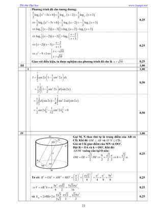 Thi thử Đại học www.toanpt.net
23
Phương trình đã cho tương đương:
     1 1
2
3 3 3
1 1 1
log 5 6 log 2 log 3
2 2 2
x x x x      
     2
3 3 3
1 1 1
log 5 6 log 2 log 3
2 2 2
x x x x       
      3 3 3log 2 3 log 2 log 3x x x x        
0,25
  3 3
2
log 2 3 log
3
x
x x
x
 
         
  
2
2 3
3
x
x x
x

   

2 10
9 1
10
x
x
x
  
    

0,25
Giao với điều kiện, ta được nghiệm của phương trình đã cho là 10x  0,25
III 1,00
1 1,00
 
2
2
0
2
2
0
1
cos2 1 sin 2
2
1 1
1 sin 2 sin 2
2 2
I x x dx
x d x


 
  
 
 
  
 


0,50
   
2 2
2
0 0
32 2
0 0
1 1
sin 2 sin 2 sin 2
2 4
1 1
sin 2 sin 2 0
2 12
| |
d x xd x
x x
 
 
 
  
 
0,50
IV 1,00
Gọi M, N theo thứ tự là trung điểm của AB và
CD. Khi đó OM AB và ' DO N C .
Giả sử I là giao điểm của MN và OO’.
Đặt R = OA và h = OO’. Khi đó:
OMI vuông cân tại O nên:
2 2 2
.
2 2 2 2 2
h a
OM OI IM h a     
0,25
Ta có:
22 2 2 2
2 2 2 2 2 3a
2 4 4 8 8
a a a a
R OA AM MO
  
              
0,25
2 3
2 3a 2 3 2
R . . ,
8 2 16
a a
V h

     0,25
và
2
a 3 2 3
2 Rh=2 . . .
2 22 2
xq
a a
S

   0,25
 