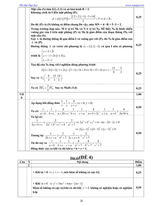 Thi thử Đại học www.toanpt.net
26
Mặt cầu (S) tâm I(2;­1;3) và có bán kính R = 3.
Khoảng cách từ I đến mặt phẳng (P):
  
 2.2 2. 1 3 16
, 5
3
d d I P d R
   
     .
Do đó (P) và (S) không có điểm chung.Do vậy, min MN = d –R = 5 ­3 = 2.
0,25
Trong trường hợp này, M ở vị trí M0 và N ở vị trí N0. Dễ thấy N0 là hình chiếu
vuông góc của I trên mặt phẳng (P) và M0 là giao điểm của đoạn thẳng IN0 với
mặt cầu (S).
Gọi  là đường thẳng đi qua điểm I và vuông góc với (P), thì N0 là giao điểm của
 và (P).
Đường thẳng  có vectơ chỉ phương là  2;2; 1Pn  

và qua I nên có phương
trình là  
2 2
1 2
3
x t
y t t
z t
 

   
  
 .
0,25
Tọa độ của N0 ứng với t nghiệm đúng phương trình:
     
15 5
2 2 2 2 1 2 3 16 0 9 15 0
9 3
t t t t t               
Suy ra 0
4 13 14
; ;
3 3 3
N
 
  
 
.
0,25
Ta có 0 0
3
.
5
IM IN
 
Suy ra M0(0;­3;4) 0,25
VII
b
1,00
Áp dụng bất đẳng thức
1 1 4
( 0, 0)x y
x y x y
   

Ta có:
1 1 4 1 1 4 1 1 4
; ;
2 2 2a+b+ca b b c a b c b c c a a b c c a a b
     
         
0,50
Ta lại có:
     
2 2 2
2 2 2 2
2 2 2
1 2 2
2 4 4 2 2 0
2 2 4 7
2 1 1 1 0
a b c a b c
a b c a b c a
a b c
         
     
      
Tương tự: 2 2
1 2 1 2
;
2 7 2 7b c a b c a b c
 
     
Từ đó suy ra 2 2 2
1 1 1 4 4 4
7 7 7a b b c c a a b c
    
     
Đẳng thức xảy ra khi và chỉ khi a = b = c = 1.
0,50
Đáp án(ĐỀ 4)
Câu Ý Nội dung Điểm
2 1,00
+ Khi m = 0 1y x   , nên hàm số không có cực trị. 0,25
+ Khi 0m   2
' 3 6 1y mx mx m    
Hàm số không có cực trị khi và chỉ khi ' 0y  không có nghiệm hoặc có nghiệm
kép
0,50
 