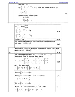 Thi thử Đại học www.toanpt.net
35
Điều kiện: | | | |x y
Đặt
2 2
; 0u x y u
v x y
   

 
; x y  không thỏa hệ nên xét x y  ta có
2
1
2
u
y v
v
 
  
 
.
Hệ phương trình đã cho có dạng:
2
12
12
2
u v
u u
v
v
 

 
  
 
0,25
4
8
u
v

 

hoặc
3
9
u
v



+
2 2
4 4
8 8
u x y
v x y
  
 
   
(I)
+
2 2
3 3
9 9
u x y
v x y
  
 
   
(II)
0,25
Giải hệ (I), (II). 0,25
Sau đó hợp các kết quả lại, ta được tập nghiệm của hệ phương trình
ban đầu là     5;3 , 5;4S 
0,25
Sau đó hợp các kết quả lại, ta được tập nghiệm của hệ phương trình
ban đầu là     5;3 , 5;4S 
1,00
III 0,25
Diện tích miền phẳng giới hạn bởi: 2
| 4 | ( )y x x C  và  : 2d y x
Phương trình hoành độ giao điểm của (C) và (d):
2 2 2
2 2
0 0 0
| 4 | 2 24 2 6 0
64 2 2 0
x x x
x x x xx x x x x
xx x x x x
   
                        
Suy ra diện tích cần tính:
   
2 6
2 2
0 2
4 2 4 2S x x x dx x x x dx      
0,25
Tính:  
2
2
0
| 4 | 2I x x x dx  
Vì   2
0;2 , 4 0x x x    nên 2 2
| 4 | 4x x x x    
 
2
2
0
4
4 2
3
I x x x dx    
0,25
Tính  
6
2
2
| 4 | 2K x x x dx  
Vì   2
2;4 , 4 0x x x    và   2
4;6 , 4 0x x x    nên
   
4 6
2 2
2 4
4 2 4 2 16K x x x dx x x x dx         .
0,25
 