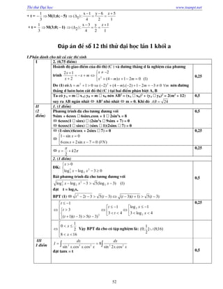 Thi thử Đại học www.toanpt.net
52
+ t =
1
3
 M(1;6;5)
x 1 y 6 z 5
( ):1 4 2 1
  
   
+ t =
1
3
M(3;0; 1)
x 3 y z 1
( ):2 4 2 1
 
   
Đ¸p ¸n ®Ò số 12 thi thö ®¹i häc lÇn 1 khèi a
I.PhÇn dµnh cho tÊt c¶ c¸c thÝ sÝnh
I 2. (0,75 ®iÓm)
Hoµnh ®é giao ®iÓm cña ®å thÞ (C ) vµ ®­êng th¼ng d lµ nghiÖm cña ph­¬ng
tr×nh








)1(021)4(
2
2
12
2
mxmx
x
mx
x
x
Do (1) cã mmmvam  0321)2).(4()2(01 22
nªn ®­êng
th¼ng d lu«n lu«n c¾t ®å thÞ (C ) t¹i hai ®iÓm ph©n biÖt A, B
0,25
Ta cã yA = m xA; yB = m xB nªn AB2
= (xA xB)2
+ (yA yB)2
= 2(m2
+ 12)
suy ra AB ng¾n nhÊt  AB2
nhá nhÊt  m = 0. Khi ®ã 24AB
0,5
II
(2
®iÓm)
1. (1 ®iÓm)
Ph­¬ng tr×nh ®· cho t­¬ng ®­¬ng víi
9sinx + 6cosx 6sinx.cosx + 1 2sin2
x = 8
 6cosx(1 sinx) (2sin2
x 9sinx + 7) = 0
 6cosx(1 sinx) (sinx 1)(2sinx 7) = 0
0,5
 (1-sinx)(6cosx + 2sinx 7) = 0
 




)(07sin2cos6
0sin1
VNxx
x
0,25
 

2
2
kx 
0,25
2. (1 ®iÓm)
§K:





03loglog
0
2
2
2
2 xx
x
BÊt ph­¬ng tr×nh ®· cho t­¬ng ®­¬ng víi
)1()3(log53loglog 2
2
2
2
2  xxx
®Æt t = log2x,
BPT (1)  )3(5)1)(3()3(5322
 tttttt
0,5























4log3
1log
43
1
)3(5)3)(1(
3
1
2
2
2
x
x
t
t
ttt
t
t 0,25







168
2
1
0
x
x
VËy BPT ®· cho cã tËp nghiÖm lµ: )16;8(]
2
1
;0( 
III
1 ®iÓm  
xx
dx
xxx
dx
I 23233
cos.2sin
8
cos.cos.sin
®Æt tanx = t 0,5
 