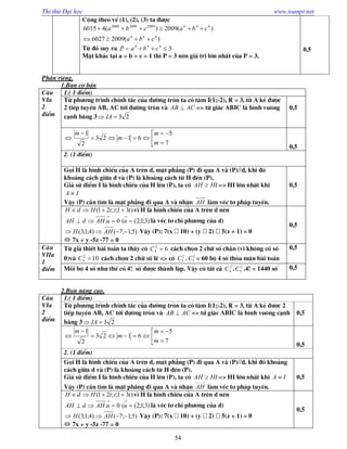Thi thử Đại học www.toanpt.net
54
Céng theo vÕ (1), (2), (3) ta ®­îc
)(20096027
)(2009)(46015
444
444200920092009
cba
cbacba


Tõ ®ã suy ra 3444
 cbaP
MÆt kh¸c t¹i a = b = c = 1 th× P = 3 nªn gi¸ trÞ lín nhÊt cña P = 3.
0,5
PhÇn riªng.
1.Ban c¬ b¶n
C©u
VIa
2
®iÓm
1.( 1 ®iÓm)
Tõ ph­¬ng tr×nh chÝnh t¾c cña ®­êng trßn ta cã t©m I(1;-2), R = 3, tõ A kÎ ®­îc
2 tiÕp tuyÕn AB, AC tíi ®­êng trßn vµ ACAB  => tø gi¸c ABIC lµ h×nh vu«ng
c¹nh b»ng 3 23 IA
0,5








7
5
6123
2
1
m
m
m
m
0,5
2. (1 ®iÓm)
Gäi H lµ h×nh chiÕu cña A trªn d, mÆt ph¼ng (P) ®i qua A vµ (P)//d, khi ®ã
kho¶ng c¸ch gi÷a d vµ (P) lµ kho¶ng c¸ch tõ H ®Õn (P).
Gi¶ sö ®iÓm I lµ h×nh chiÕu cña H lªn (P), ta cã HIAH  => HI lín nhÊt khi
IA 
VËy (P) cÇn t×m lµ mÆt ph¼ng ®i qua A vµ nhËn AH lµm vÐc t¬ ph¸p tuyÕn.
0,5
)31;;21( tttHdH  v× H lµ h×nh chiÕu cña A trªn d nªn
)3;1;2((0.  uuAHdAH lµ vÐc t¬ chØ ph­¬ng cña d)
)5;1;7()4;1;3(  AHH VËy (P): 7(x 10) + (y 2) 5(z + 1) = 0
 7x + y -5z -77 = 0
0,5
C©u
VIIa
1
®iÓm
Tõ gi¶ thiÕt bµi to¸n ta thÊy cã 62
4 C c¸ch chän 2 ch÷ sè ch½n (v× kh«ng cã sè
0)vµ 102
5 C c¸ch chän 2 ch÷ sè lÏ => cã 2
5C . 2
5C = 60 bé 4 sè tháa m·n bµi to¸n
0,5
Mçi bé 4 sè nh­ thÕ cã 4! sè ®­îc thµnh lËp. VËy cã tÊt c¶ 2
4C . 2
5C .4! = 1440 sè 0,5
2.Ban n©ng cao.
C©u
VIa
2
®iÓm
1.( 1 ®iÓm)
Tõ ph­¬ng tr×nh chÝnh t¾c cña ®­êng trßn ta cã t©m I(1;-2), R = 3, tõ A kÎ ®­îc 2
tiÕp tuyÕn AB, AC tíi ®­êng trßn vµ ACAB  => tø gi¸c ABIC lµ h×nh vu«ng c¹nh
b»ng 3 23 IA
0,5








7
5
6123
2
1
m
m
m
m
0,5
2. (1 ®iÓm)
Gäi H lµ h×nh chiÕu cña A trªn d, mÆt ph¼ng (P) ®i qua A vµ (P)//d, khi ®ã kho¶ng
c¸ch gi÷a d vµ (P) lµ kho¶ng c¸ch tõ H ®Õn (P).
Gi¶ sö ®iÓm I lµ h×nh chiÕu cña H lªn (P), ta cã HIAH  => HI lín nhÊt khi IA 
VËy (P) cÇn t×m lµ mÆt ph¼ng ®i qua A vµ nhËn AH lµm vÐc t¬ ph¸p tuyÕn.
0,5
)31;;21( tttHdH  v× H lµ h×nh chiÕu cña A trªn d nªn
)3;1;2((0.  uuAHdAH lµ vÐc t¬ chØ ph­¬ng cña d)
)5;1;7()4;1;3(  AHH VËy (P): 7(x 10) + (y 2) 5(z + 1) = 0
 7x + y -5z -77 = 0
0,5
 