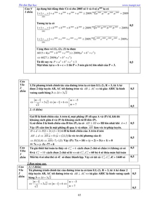 Thi thử Đại học www.toanpt.net
65
C©u V
1 ®iÓm
¸p dông bÊt ®¼ng thøc C« si cho 2005 sè 1 vµ 4 sè a2009
ta cã
.2009....20091...11 2009 20092009200920092009200920092009
2005
aaaaaaaa  
T­¬ng tù ta cã
.2009....20091...11 2009 20092009200920092009200920092009
2005
bbbbbbbbb  
.2009....20091...11 2009 20092009200920092009200920092009
2005
ccccccccc  
0,5
Céng theo vÕ (1), (2), (3) ta ®­îc
)(20096027
)(2009)(46015
444
444200920092009
cba
cbacba


Tõ ®ã suy ra 3444
 cbaP
MÆt kh¸c t¹i a = b = c = 1 th× P = 3 nªn gi¸ trÞ lín nhÊt cña P = 3.
0,5
C©u
VIa
2
®iÓm
1.Tõ ph­¬ng tr×nh chÝnh t¾c cña ®­êng trßn ta cã t©m I(1;-2), R = 3, tõ A kÎ
®­îc 2 tiÕp tuyÕn AB, AC tíi ®­êng trßn vµ ACAB  => tø gi¸c ABIC lµ h×nh
vu«ng c¹nh b»ng 3 23 IA
0,5








7
5
6123
2
1
m
m
m
m
0,5
2. (1 ®iÓm)
Gäi H lµ h×nh chiÕu cña A trªn d, mÆt ph¼ng (P) ®i qua A vµ (P)//d, khi ®ã
kho¶ng c¸ch gi÷a d vµ (P) lµ kho¶ng c¸ch tõ H ®Õn (P).
G.sö ®iÓm I lµ h×nh chiÕu cña H lªn (P), ta cã HIAH  => HI lín nhÊt khi IA 
VËy (P) cÇn t×m lµ mÆt ph¼ng ®i qua A vµ nhËn AH lµm vÐc t¬ ph¸p tuyÕn.
0,5
)31;;21( tttHdH  v× H lµ h×nh chiÕu cña A trªn d nªn
)3;1;2((0.  uuAHdAH lµ vÐc t¬ chØ ph­¬ng cña d)
)5;1;7()4;1;3(  AHH VËy (P): 7(x – 10) + (y – 2) – 5(z + 1) = 0
 7x + y -5z -77 = 0
0,5
C©u
VIIa
1
®iÓm
Tõ gi¶ thiÕt bµi to¸n ta thÊy cã 62
4 C c¸ch chän 2 ch÷ sè ch½n (v× kh«ng cã sè
0)vµ 102
5 C c¸ch chän 2 ch÷ sè lÏ => cã 2
5C . 2
5C = 60 bé 4 sè tháa m·n bµi to¸n
0,5
Mçi bé 4 sè nh­ thÕ cã 4! sè ®­îc thµnh lËp. VËy cã tÊt c¶ 2
4C . 2
5C .4! = 1440 sè 0,5
2.Ban n©ng cao.
C©u
VIa
2
®iÓm
1.( 1 ®iÓm)
Tõ ph­¬ng tr×nh chÝnh t¾c cña ®­êng trßn ta cã t©m I(1;-2), R = 3, tõ A kÎ ®­îc 2
tiÕp tuyÕn AB, AC tíi ®­êng trßn vµ ACAB  => tø gi¸c ABIC lµ h×nh vu«ng c¹nh
b»ng 3 23 IA
0,5








7
5
6123
2
1
m
m
m
m
0,5
 