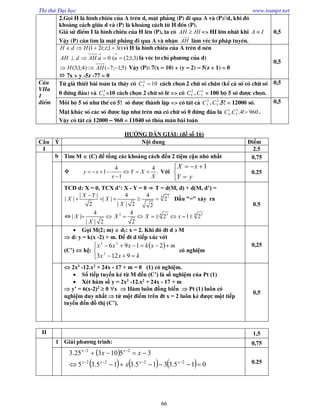 Thi thử Đại học www.toanpt.net
66
2.Gäi H lµ h×nh chiÕu cña A trªn d, mÆt ph¼ng (P) ®i qua A vµ (P)//d, khi ®ã
kho¶ng c¸ch gi÷a d vµ (P) lµ kho¶ng c¸ch tõ H ®Õn (P).
Gi¶ sö ®iÓm I lµ h×nh chiÕu cña H lªn (P), ta cã HIAH  => HI lín nhÊt khi IA 
VËy (P) cÇn t×m lµ mÆt ph¼ng ®i qua A vµ nhËn AH lµm vÐc t¬ ph¸p tuyÕn.
0,5
)31;;21( tttHdH  v× H lµ h×nh chiÕu cña A trªn d nªn
)3;1;2((0.  uuAHdAH lµ vÐc t¬ chØ ph­¬ng cña d)
)5;1;7()4;1;3(  AHH VËy (P): 7(x – 10) + (y – 2) – 5(z + 1) = 0
 7x + y -5z -77 = 0
0,5
C©u
VIIa
1
®iÓm
Tõ gi¶ thiÕt bµi to¸n ta thÊy cã 102
5 C c¸ch chän 2 ch÷ sè ch½n (kÓ c¶ sè cã ch÷ sè
0 ®øng ®Çu) vµ 3
5C =10 c¸ch chän 2 ch÷ sè lÏ => cã 2
5C . 3
5C = 100 bé 5 sè ®­îc chän.
0,5
Mçi bé 5 sè nh­ thÕ cã 5! sè ®­îc thµnh lËp => cã tÊt c¶ 2
5C . 3
5C .5! = 12000 sè.
MÆt kh¸c sè c¸c sè ®­îc lËp nh­ trªn mµ cã ch÷ sè 0 ®øng ®Çu lµ 960!4.. 3
5
1
4 CC .
VËy cã tÊt c¶ 12000 – 960 = 11040 sè tháa m·n bµi to¸n
0,5
HƯỚNG DẪN GIẢI: (đề số 16)
Câu Ý Nội dung Điểm
I 2.5
b Tìm M  (C) để tổng các khoảng cách đến 2 tiệm cận nhỏ nhất 0,75

4 4
1 .
1
y x Y X
x X
      

Với





yY
xX 1
0.25
TCĐ d: X = 0, TCX d’: X ­ Y = 0 ⇒ T = d(M, d) + d(M, d’) =
4 7| | 4 4
| | | | 2
2 | | 2 2
X Y
X X
X

     Dấu "=" xảy ra
⇔
4
| |
| | 2
X
X
  4 42 3 34
2 1 2
2
X X x      
0.5
 Gọi M(2; m)  d1: x = 2. Khi đó đt d  M
 d: y = k(x ­2) + m. Để đt d tiếp xúc với
(C’)  hệ:
 





kxx
mxkxxx
9123
2196
2
23
có nghiệm
0,25
 2x3
­12.x2
+ 24x ­ 17 + m = 0 (1) có nghiệm.
 Số tiếp tuyến kẻ từ M đến (C’) là số nghiệm của Pt (1)
 Xét hàm số y = 2x3
­12.x2
+ 24x ­ 17 + m
 y’ = 6(x­2)2
 0 x  Hàm luôn đồng biến  Pt (1) luôn có
nghiệm duy nhất  từ một điểm trên đt x = 2 luôn kẻ được một tiếp
tuyến đến đồ thị (C’).
0,5
II 1,5
1 Giải phương trình: 0,75
 
      015.3315.315.35
3510325.3
2222
22




xxxx
xx
x
xx
0.25
 