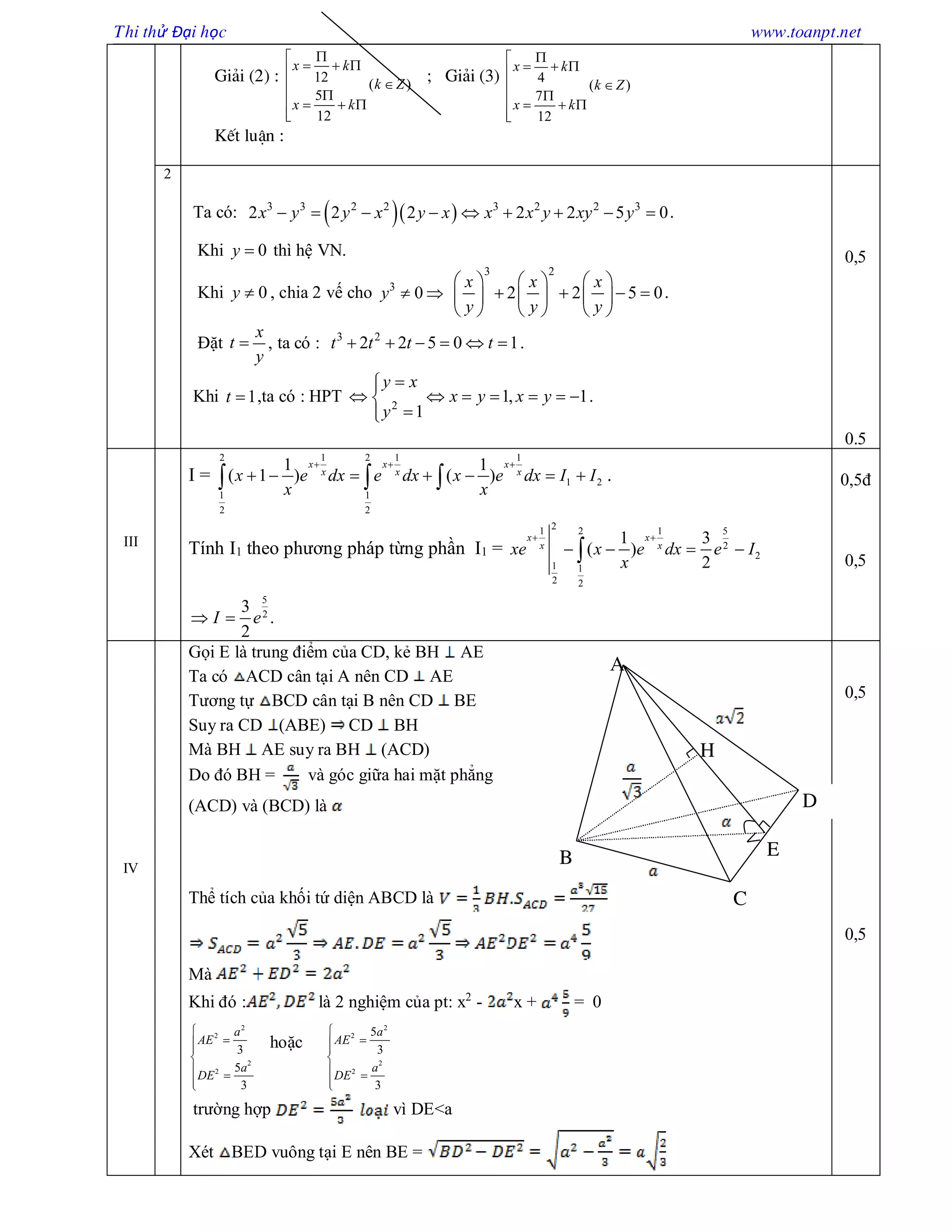 Thi thử Đại học www.toanpt.net
Gi¶i (2) : 12 ( )
5
12
x k
k Z
x k

  

   

; Gi¶i (3) 4
( )
7
12
x k
k Z
x k

  

   

KÕt luËn :
2
Ta có:   3 3 2 2 3 2 2 3
2 2 2 2 2 5 0x y y x y x x x y xy y         .
Khi 0y  thì hệ VN.
Khi 0y  , chia 2 vế cho 3
0y  
3 2
2 2 5 0
x x x
y y y
     
        
     
.
Đặt
x
t
y
 , ta có : 3 2
2 2 5 0 1t t t t      .
Khi 1t  ,ta có : HPT 2
1, 1
1
y x
x y x y
y

      

.
0,5
0.5
III
I =
1 1 12 2
1 2
1 1
2 2
1 1
( 1 ) ( )
x x x
x x x
x e dx e dx x e dx I I
x x
  
         .
Tính I1 theo phương pháp từng phần I1 =
21 1 52
2
2
1 1
2 2
1 3
( )
2
x x
x x
xe x e dx e I
x
 
   
5
2
3
.
2
I e 
0,5đ
0,5
IV
Gọi E là trung điểm của CD, kẻ BH AE
Ta có ACD cân tại A nên CD AE
Tương tự BCD cân tại B nên CD BE
Suy ra CD (ABE) CD BH
Mà BH AE suy ra BH (ACD)
Do đó BH = và góc giữa hai mặt phẳng
(ACD) và (BCD) là
Thể tích của khối tứ diện ABCD là
Mà
Khi đó : là 2 nghiệm của pt: x2
- x + = 0
2
2
2
2
3
5
3
a
AE
a
DE



 

hoặc
2
2
2
2
5
3
3
a
AE
a
DE



 

trường hợp vì DE<a
Xét BED vuông tại E nên BE =
0,5
0,5
H
D
E
C
B
A
 