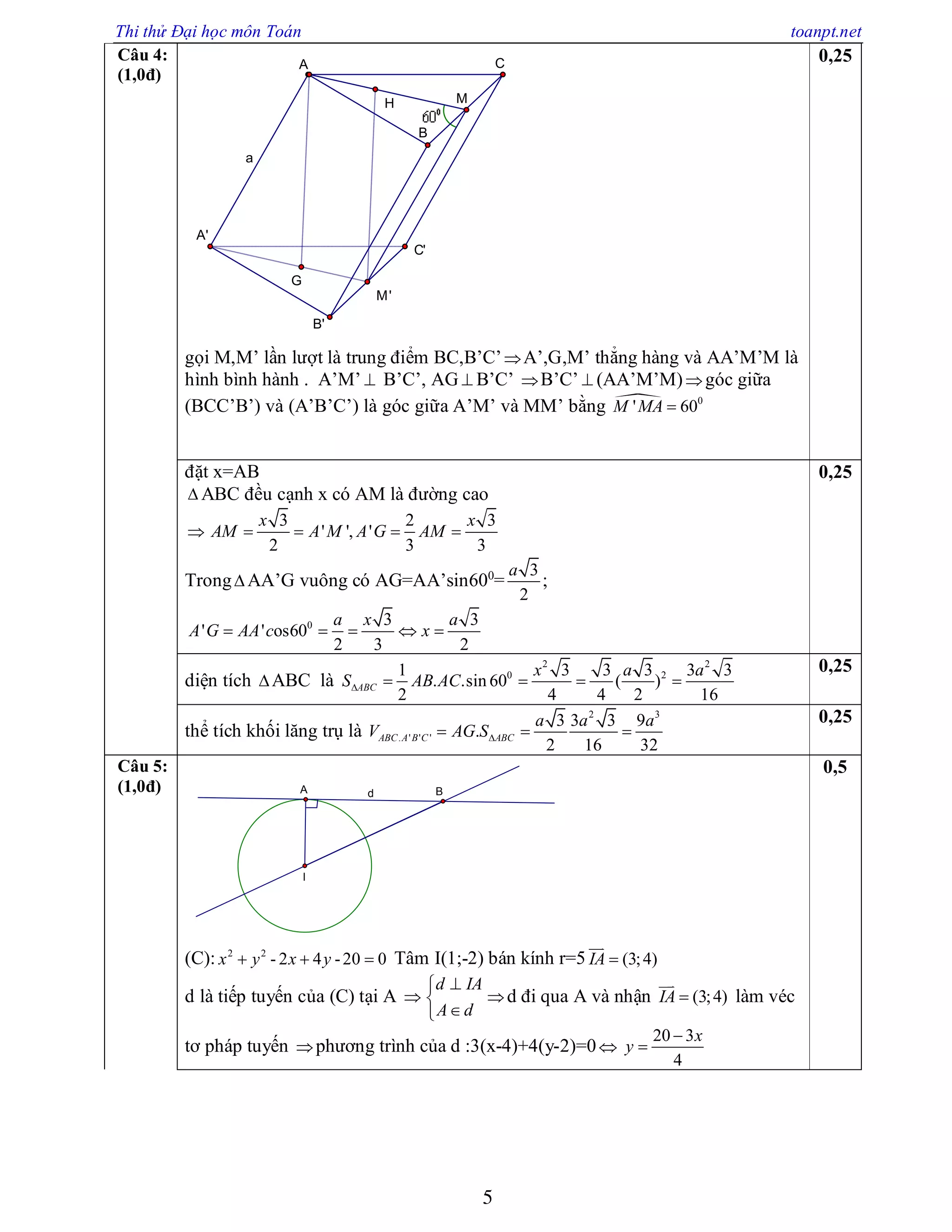 Thi thử Đại học môn Toán toanpt.net
5
Câu 4:
(1,0đ)
a
A'
C'
B'
C
B
A
MH
M'
G
gọi M,M’ lần lượt là trung điểm BC,B’C’A’,G,M’ thẳng hàng và AA’M’M là
hình bình hành . A’M’  B’C’, AG  B’C’ B’C’  (AA’M’M)góc giữa
(BCC’B’) và (A’B’C’) là góc giữa A’M’ và MM’ bằng  0
' 60M MA 
0,25
đặt x=AB
 ABC đều cạnh x có AM là đường cao

3 2 3
' ', '
2 3 3
x x
AM A M A G AM   
Trong AA’G vuông có AG=AA’sin600
=
3
2
a
;
0 3 3
' ' os60
2 3 2
a x a
A G AA c x    
0,25
diện tích ABC là
2 2
0 21 3 3 3 3 3
. .sin 60 ( )
2 4 4 2 16
ABC
x a a
S AB AC    
0,25
thể tích khối lăng trụ là
2 3
. ' ' '
3 3 3 9
.
2 16 32
ABC A B C ABC
a a a
V AG S  
0,25
Câu 5:
(1,0đ) d
I
A B
(C): 2 2
- 2 4 -20 0x y x y   Tâm I(1;-2) bán kính r=5 (3;4)IA 

d là tiếp tuyến của (C) tại A 
d IA
A d



d đi qua A và nhận (3;4)IA 

làm véc
tơ pháp tuyến phương trình của d :3(x-4)+4(y-2)=0
20 3
4
x
y


0,5
 