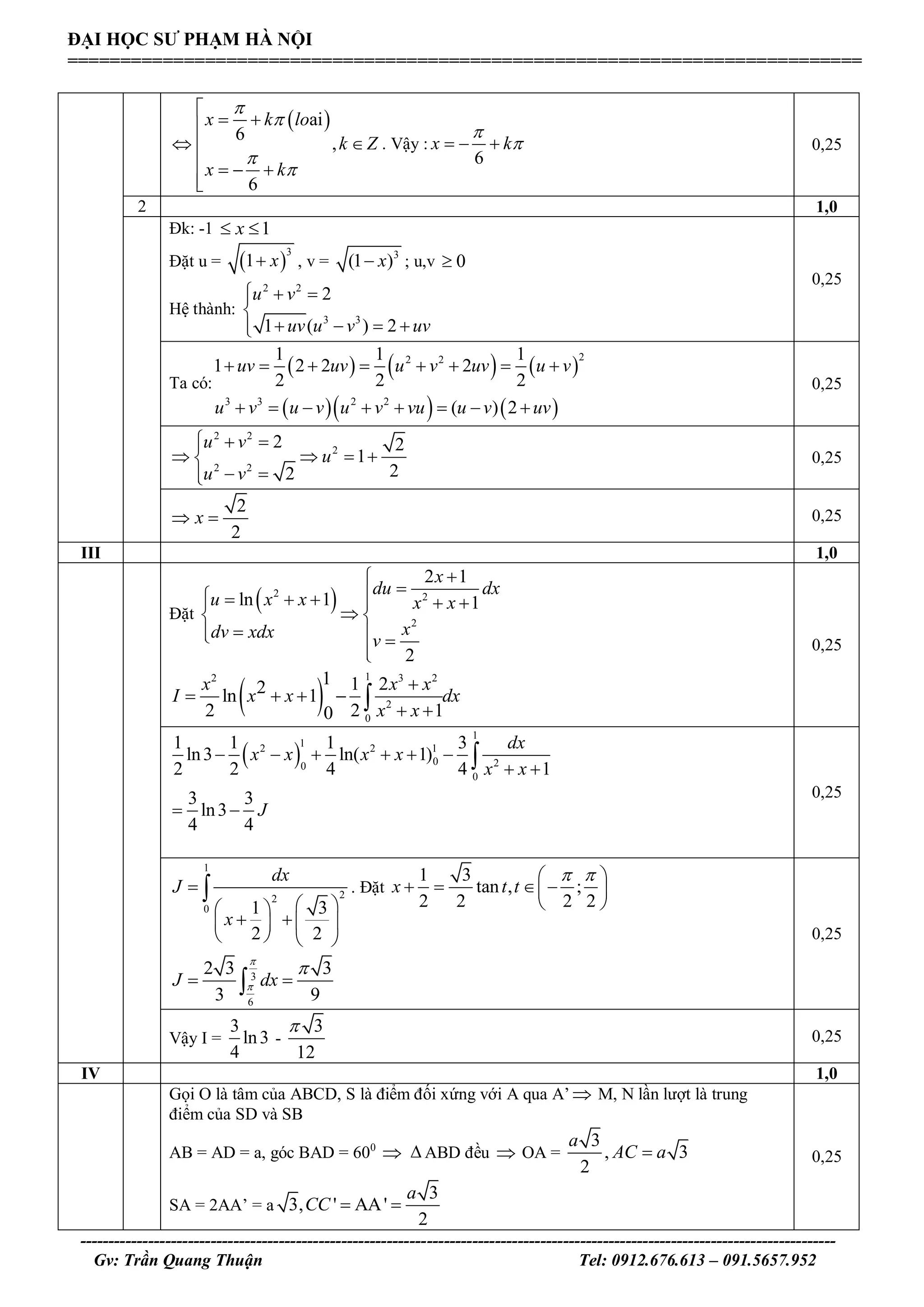 -------------------------------------------------------------------------------------------------------------------------------------
Gv: Trần Quang Thuận Tel: 0912.676.613 – 091.5657.952
ĐẠI HỌC SƯ PHẠM HÀ NỘI
===========================================================================
 ai
6
,
6
x k lo
k Z
x k





 
 
   

. Vậy :
6
x k

   0,25
2 1,0
Đk: -1 1x 
Đặt u =  
3
1 x , v = 3
(1 )x ; u,v 0
Hệ thành:
2 2
3 3
2
1 ( ) 2
u v
uv u v uv
  

   
0,25
Ta có:
     
    
22 2
3 3 2 2
1 1 1
1 2 2 2
2 2 2
( ) 2
uv uv u v uv u v
u v u v u v vu u v uv
       
       
0,25
2 2
2
2 2
2 2
1
22
u v
u
u v
  
   
 
0,25
2
2
x  0,25
III 1,0
Đặt
 2 2
2
2 1
ln 1 1
2
x
du dx
u x x x x
xdv xdx v

      
 
  

 
12 3 2
2
0
1 1 22ln 1
2 2 10
x x x
I x x dx
x x

   
 
0,25
 
1
12 2 1
0 20
0
1 1 1 3
ln3 ln( 1)
2 2 4 4 1
3 3
ln3
4 4
dx
x x x x
x x
J
     
 
 

0,25
1
22
0 1 3
2 2
dx
J
x

  
   
   
 . Đặt
1 3
tan , ;
2 2 2 2
x t t
  
    
 
3
6
2 3 3
3 9
J dx



 
0,25
Vậy I =
3
ln3
4
-
3
12

0,25
IV 1,0
Gọi O là tâm của ABCD, S là điểm đối xứng với A qua A’ M, N lần lượt là trung
điểm của SD và SB
AB = AD = a, góc BAD = 600
  ABD đều  OA =
3
, 3
2
a
AC a
SA = 2AA’ = a
3
3, ' AA'
2
a
CC  
0,25
 
